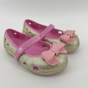 Crocs Keeley Hi Glitter Bow Mary Jane Shoes Girls  7 Pink Silver Toddler Slip-on